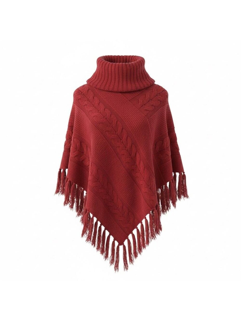 Intro Casual Elegance Red Cable Knit Turtleneck Fringe Poncho Practical Magic